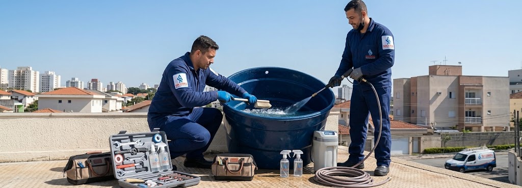 Profissional realizando Limpeza e Higienização de Caixas D'água em Bombinhas
